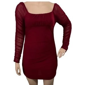 Dark Red Sheer Sleeve Dress